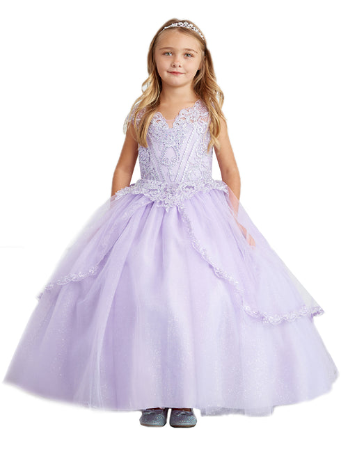 Vestido de desfile de falda de tul dividida con apliques de encaje metálico multicolor para niñas 2-18